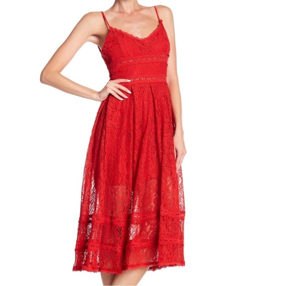 NSR Red lace tea length dress size S - Picture 2 of 13